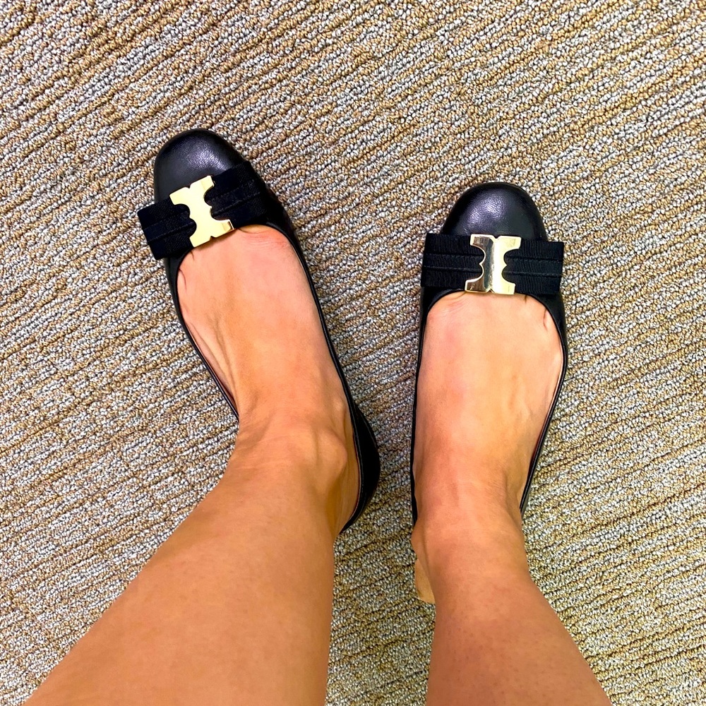 Tory Burch Gemini Bow Black Leather Flats